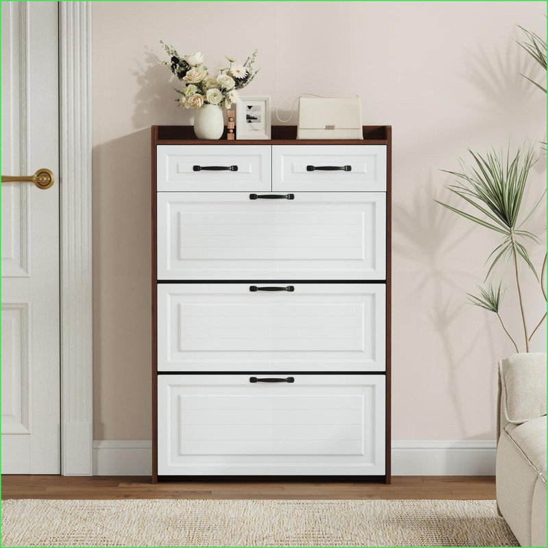 Shoe Cabinets, Modern Walnut Brown 3 Flip Doors 2 Drawers Large Storage Narrow MDF | Walnut Brown | Hallway, White/Walnut