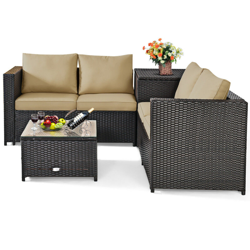 Ensemble de meubles d'extérieur en rotin 4 pièces avec causeuse et boîte de rangement - brun