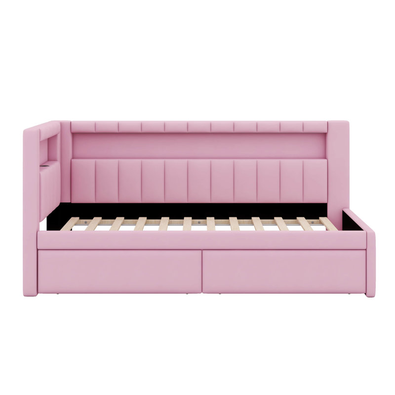 Platform Bed With USB Ports And LED Belt, Upholstered Bed Frame With Trundle, No Box Spring Needed, Twin, Pink