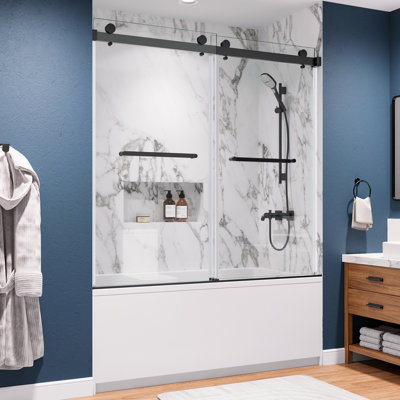 Porte de baignoire coulissante double en acier inoxydable noir mat sans cadre 56 "à l 60" x H 60 "avec verre trempé de 8 mm