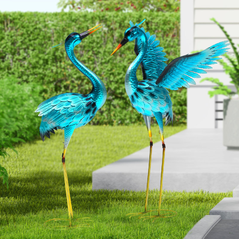 Grande décoration héron, statue de grue en métal sur pied pour jardin, sculptures d'oiseaux et d'animaux, Bleu