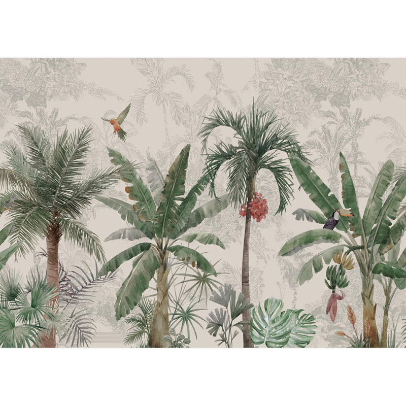 Jungle vibrante colorée avec oiseaux, L 120 po x l 168 po