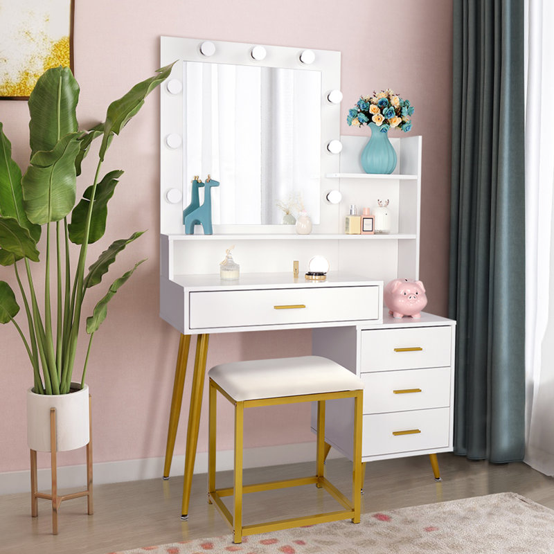 Ensemble de coiffeuse blanche avec 9 ampoules DEL, tabouret rembourré, 3 tablettes de rangement et 4 tiroirs