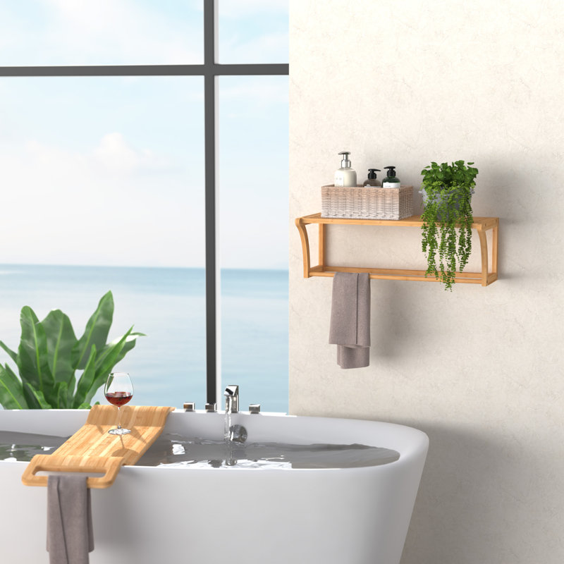 Natural Bamboo Wall Shelf with Towel Bar, 23.6" Wide