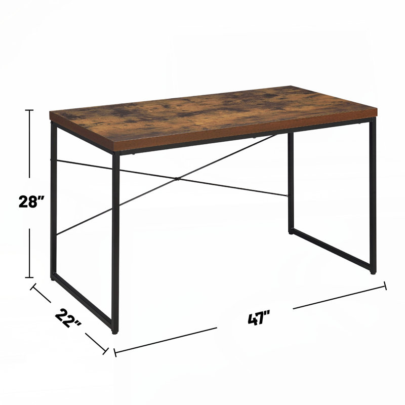 Bureau d'écriture rectangulaire avec pieds en métal, chêne vieilli et noir, Brun