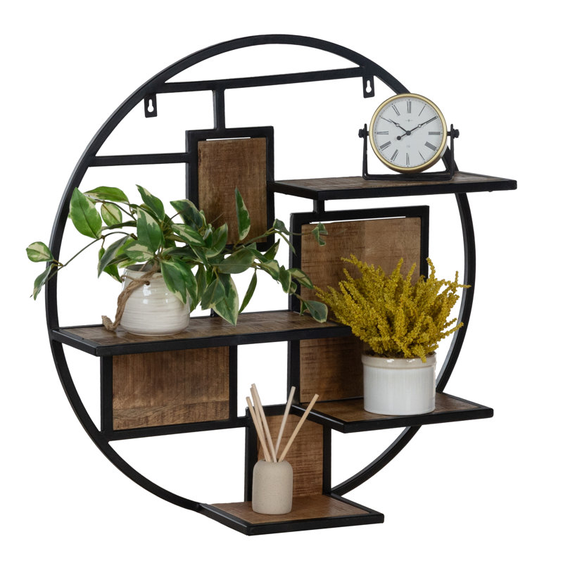 Mango Wood 30" Round Floating Wall Shelf, Industrial Accent Shelves