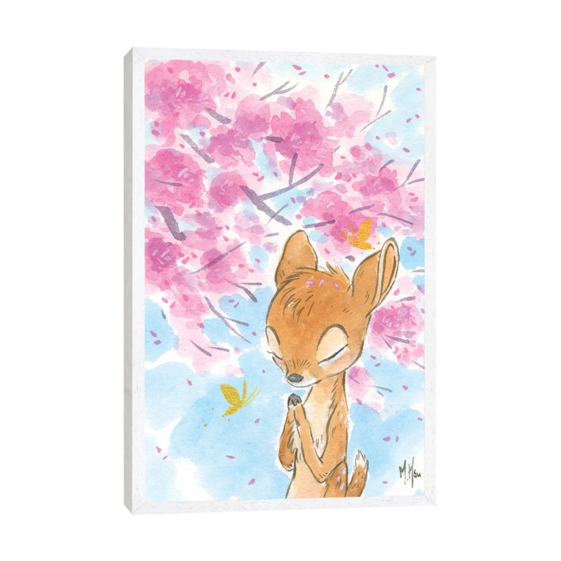 Cherry Blossom Fawn by Martin Hsu - Painting on Canvas, 101.6 cm H x 66.04 cm W, White Framed