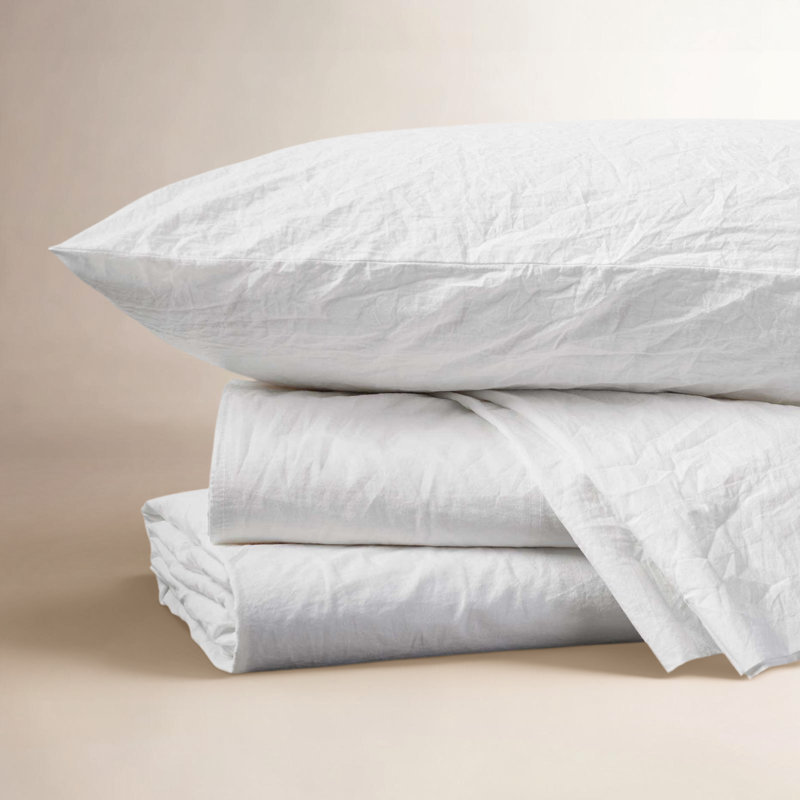 Ensemble de draps en percale organique froissé, Blanc alpin, Ensemble de draps pour grand lit avec 2 taies d'or