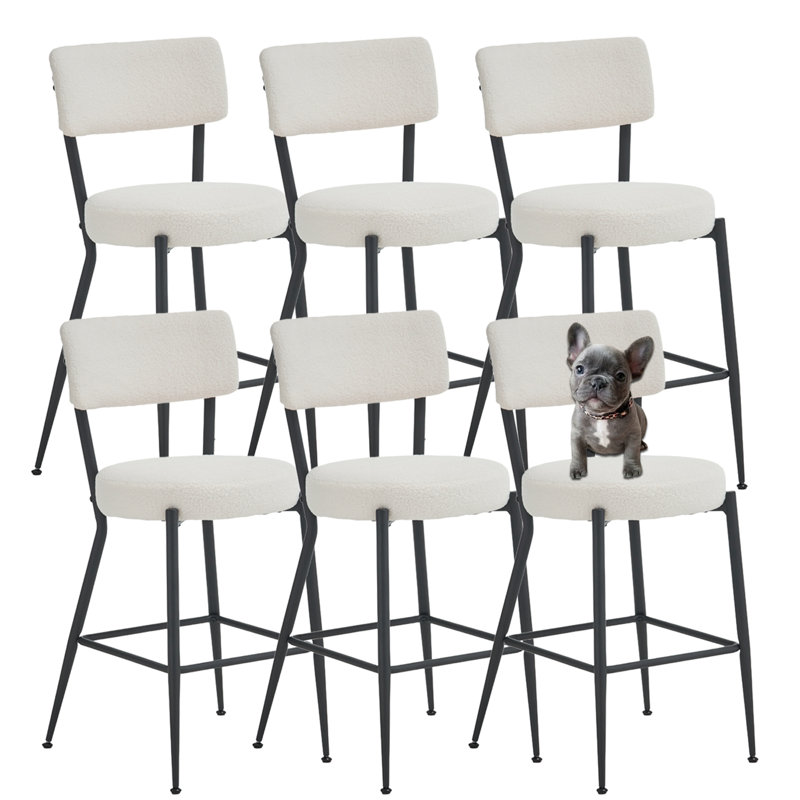 Ensemble de 6 tabourets de bar en tissu Modern Teddy, Tissu crème / cadre argenté, 6