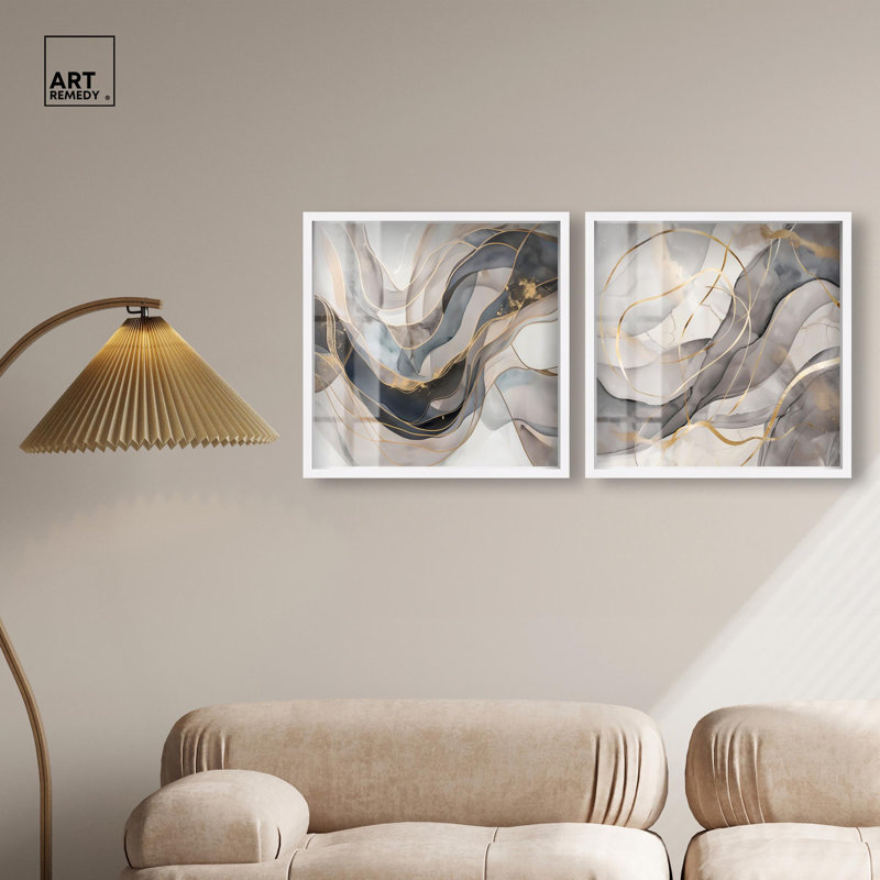 «Gleaming Horizons Duo Shadowbox», ensemble d'art mural abstrait par Art Remedy, cadre blanc, 20 x 20, H 21 po x l 21 po