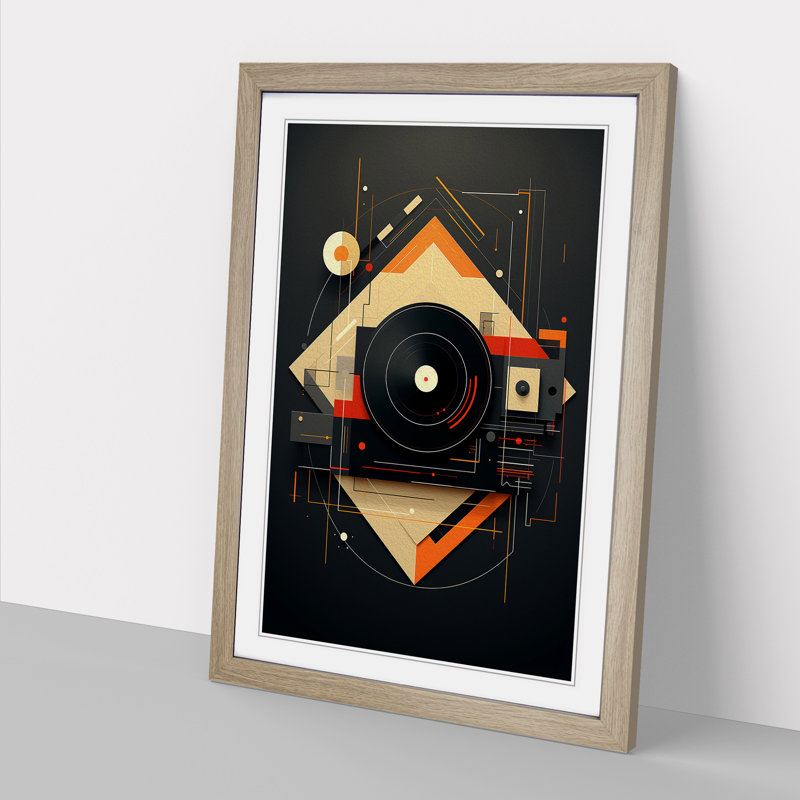 XYZ-FRM-V1223-1667 Vinyl Record Player Geometric No.2 - Single Picture Frame Print on Wood, 34cm H x 25cm W x 2cm D, Oak