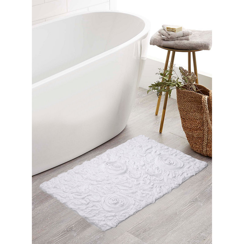 Schoenberger Floral Design Cotton Bath Rug, 34" L x 21" W, White
