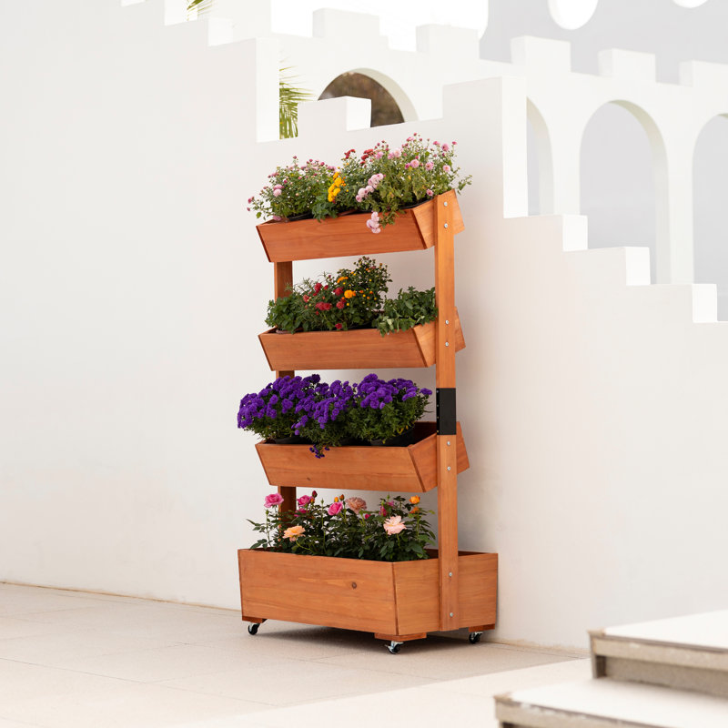 4-Tier Solid Fir Vertical Garden Planter with Lockable Castors and Drainage Holes, 147cm