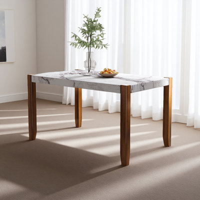 46.5" Modern Dining Table, Rectangular Faux Marble Style Table With Sturdy Wood Legs, Easy To Clean Rectangular Kitchen Table For Dining Room