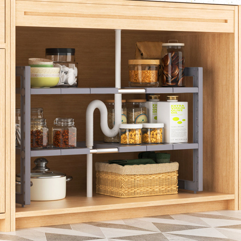 Organisateur de rangement robuste à 2 niveaux sous évier – Armoire de rangement extensible grise avec largeur réglable et 5 niveaux de hauteur d'étagère