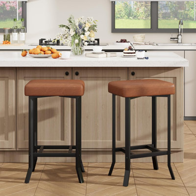 Set of 2 24" Counter Height Bar Stools, Faux Leather Upholstered, Compact Kitchen Bar Chairs, Brown