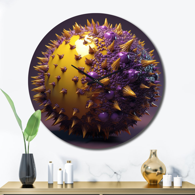 Horloge murale 3D sphère mauve et jaune en métal, Très grand