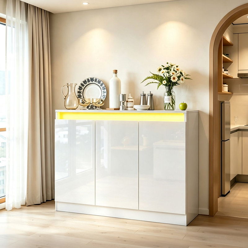 High Gloss Buffet Cabinet With Led Lights, Modern Sideboard Coffee Bar With 3 Doors, Handless Modern Sideboard Storage Cabinet For Living Room, Entryway, White