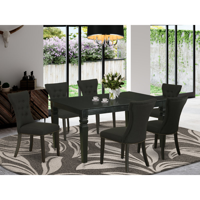 7 Piece Kitchen Table Set Consist of a Rectangle Dining Table with Butterfly Leaf and 6 Black Linen Fabric Parsons Dining Chairs, Black