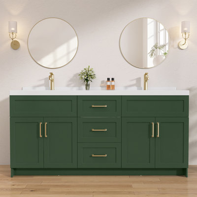 Armoire de meuble-lavabo autoportante 72 po avec rangement, base en MDF de style Shaker vert avec quincaillerie or brossé, portes et tiroirs à fermeture en douceur pour comptoir de meuble-lavabo 72 po