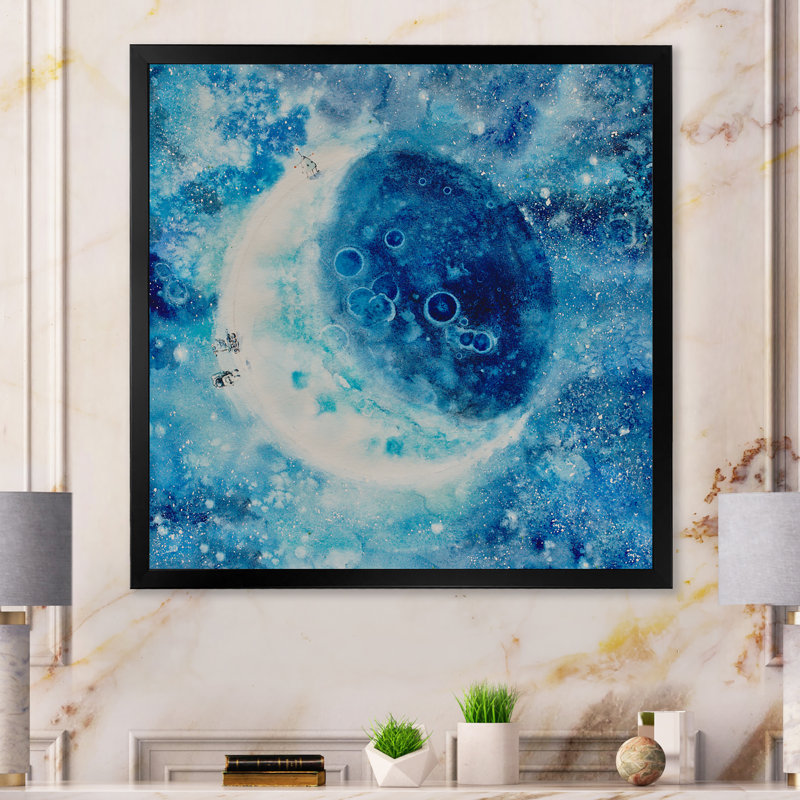 " Blue Moon Illustration ", Black Picture Framed Canvas, 16" H x 16" W x 1" D
