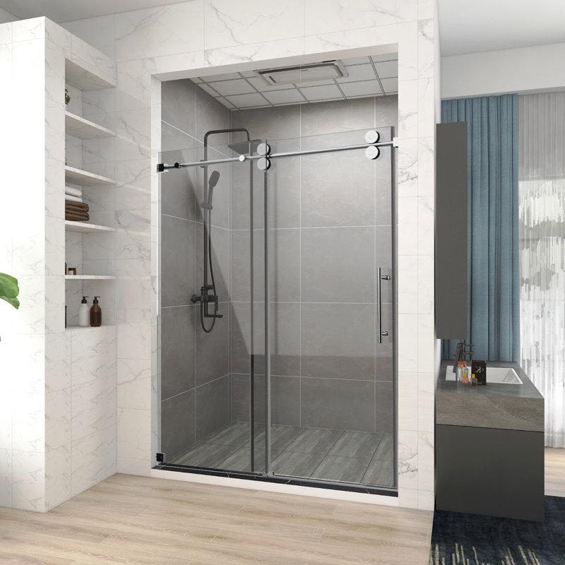 60 In. W X 66 In. H Single Sliding Frameless Shower Door/Enclosure In Chrome Finish With Clear Glass, Chrome