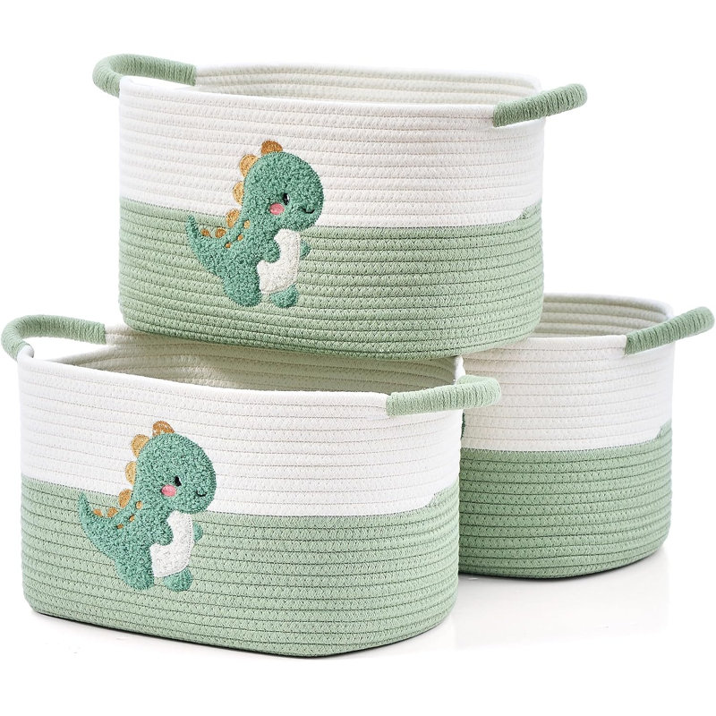 3-Piece Boho Cotton Rope Woven Green Dinosaur Storage Baskets