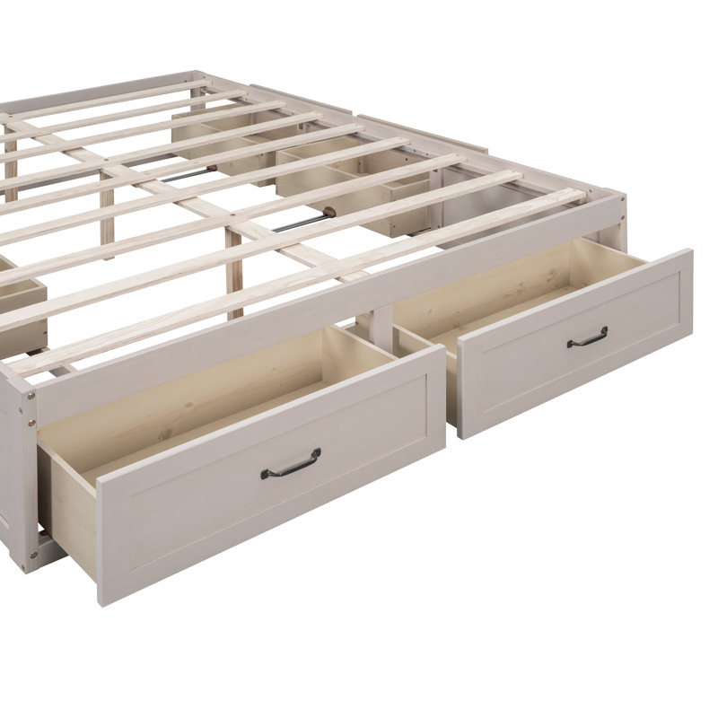Lit plateforme avec 6 tiroirs de rangement,, Blanc antique, Grand lit