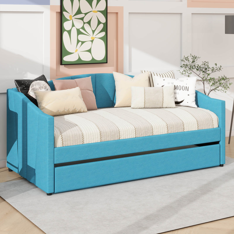 Twin-Size Upholstered Sofa-Style Daybed With Under-Bed Trundle, Blue