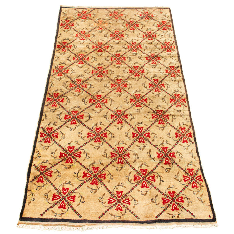 Tapis beige / rouge en laine noué à la main de conception unique 4 pi 11 po x 10 pi années 1990 Gupta