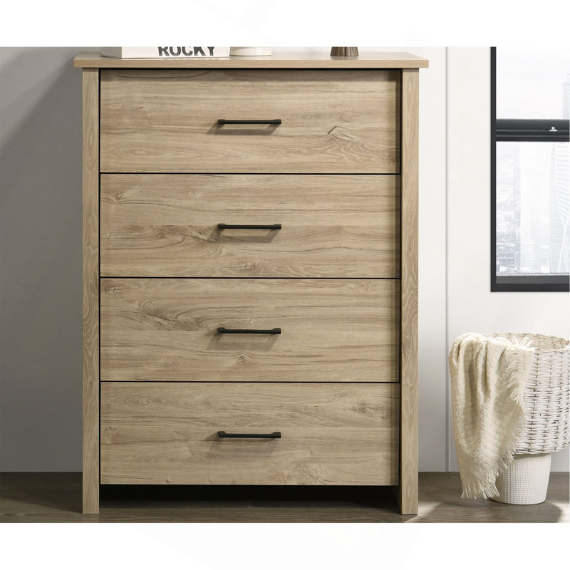 Commode 4 tiroirs avec poignées, Chêne clair