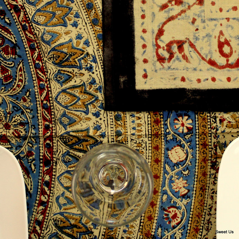 Kalamkari Cotton Paisley Floral Block Print Tablecloth Rectangle, Blue Red, 72" W x 106" L