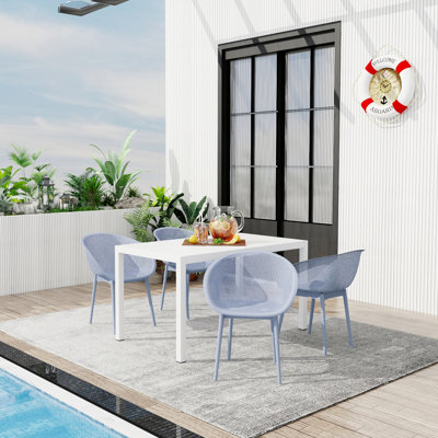  Summer 5-Piece Patio Dining Set, 55 Inch Modern White Long Table with 4-Pack Light Baby Blue Open-Mesh Lounge Chairs