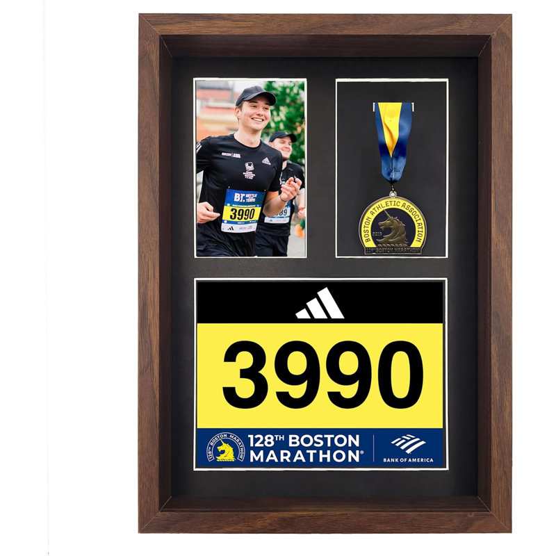 3-in-1 Shadow Box Display with Real Glass (Medal, Race Bibs, and Photo Display) – Marathon Medal Display and Frame, Triathlon & Running Bib Holder, Wall-Mounted, Real Tempered Glass
