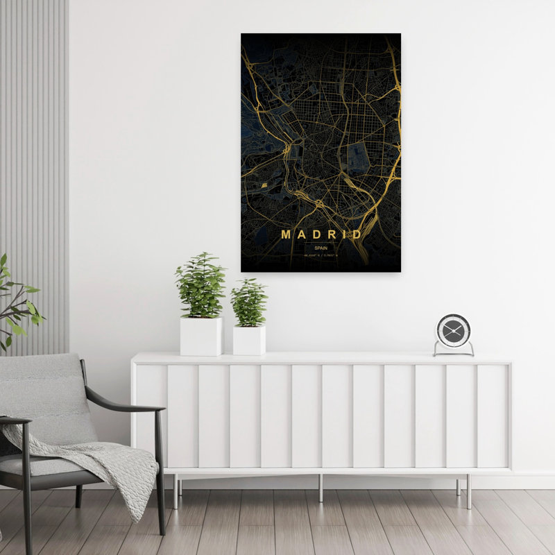 Art mural abstrait de la ville dorée moderne de Madrid, 36" H x 24" W