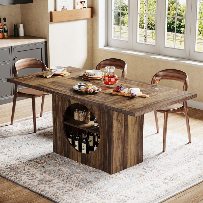 63" Rectangular 2-Tier Storage Dining Table for 4-6 People, Farmhouse Kitchen Table Dinner Table