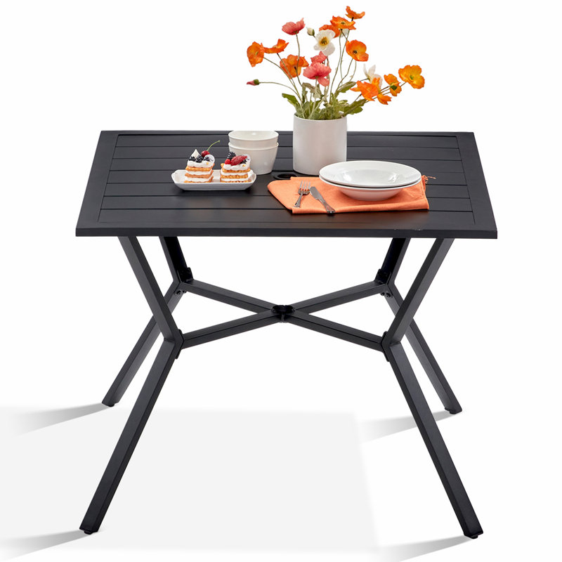 Hesson Square Metal Outdoor Dining Table With Umbrella Hole , 36.8'' in. W 36.8'' in. D, Black