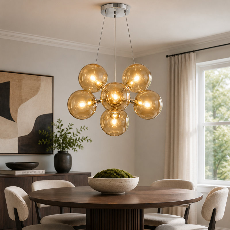 Lustre en grappe de verre cognac 6 lumières Modern avec finition chromée et hauteur réglable