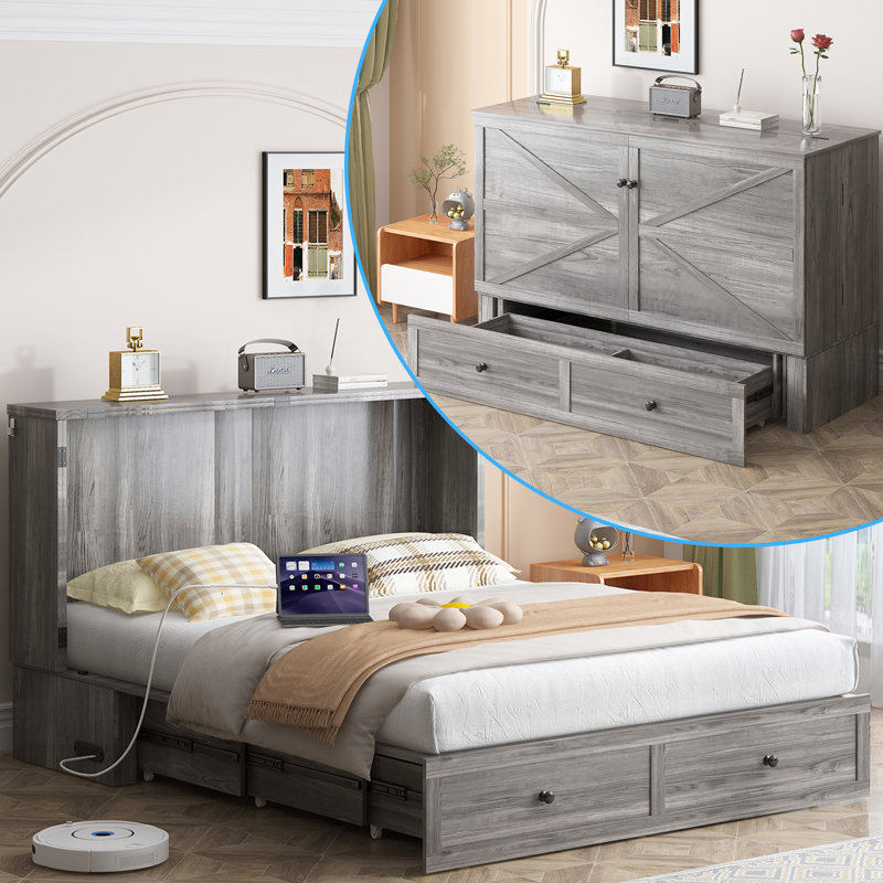 Queen/Full Murphy Bed Cabinet with USB Charging Port & Storage Drawers, Queen