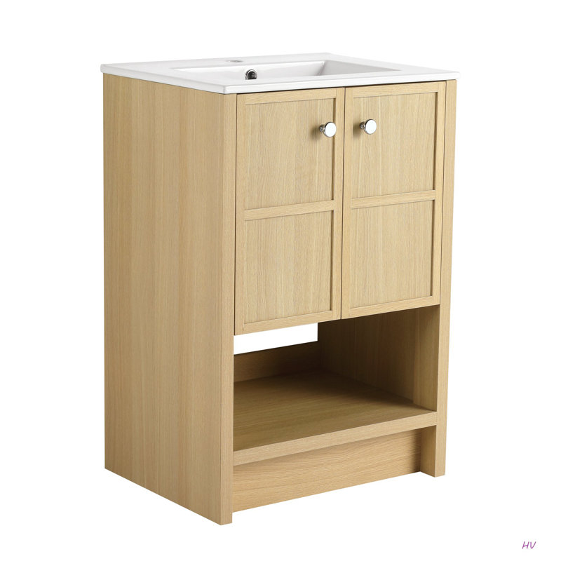 Lavabo de salle de bain autoportant en céramique 24 po, 2 portes à fermeture douce, contreplaqué, 24"