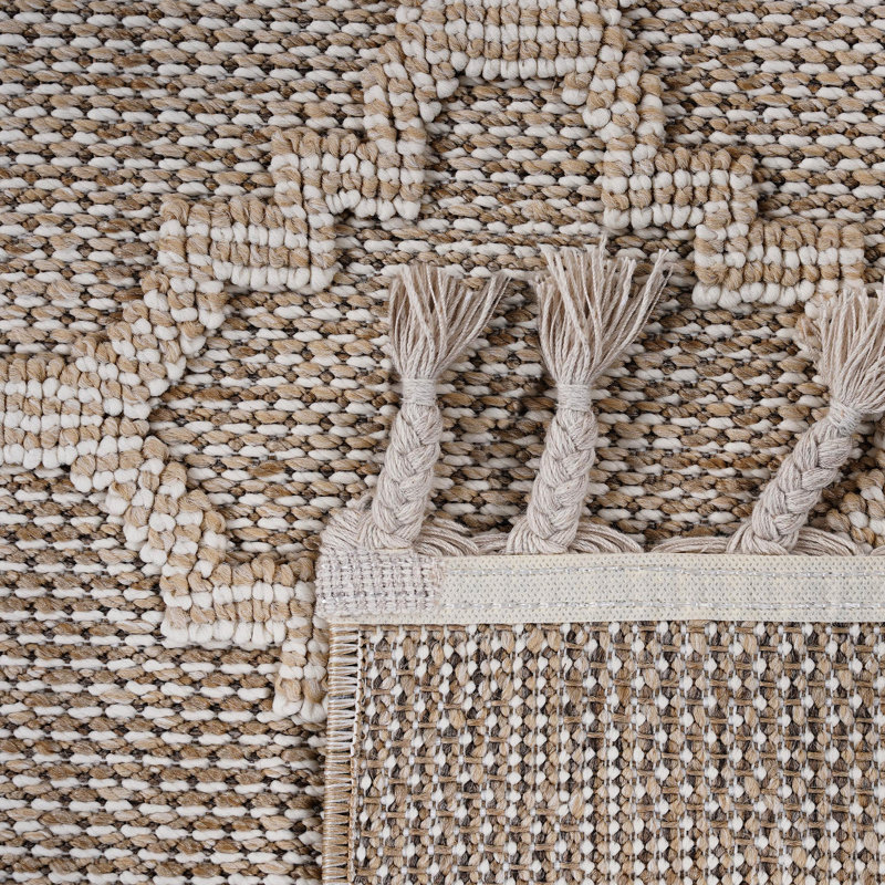 2 x 8 tapis d'extérieur tissés à la main à treillis crème, teinture, style rustique crème / treillis à l'intérieur, texture douce