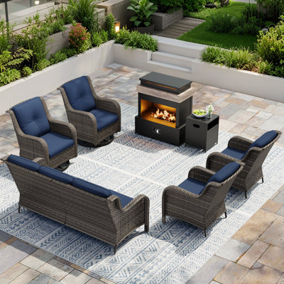 Ensemble de conversation en rotin pour 7 personnes avec foyer 5000 BTU, 4 chaises et coussins bleus