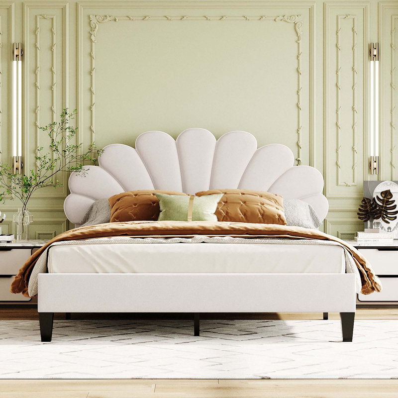 Lit plateforme tapissier avec tête de lit en velours à motif floral, Beige, Lit double