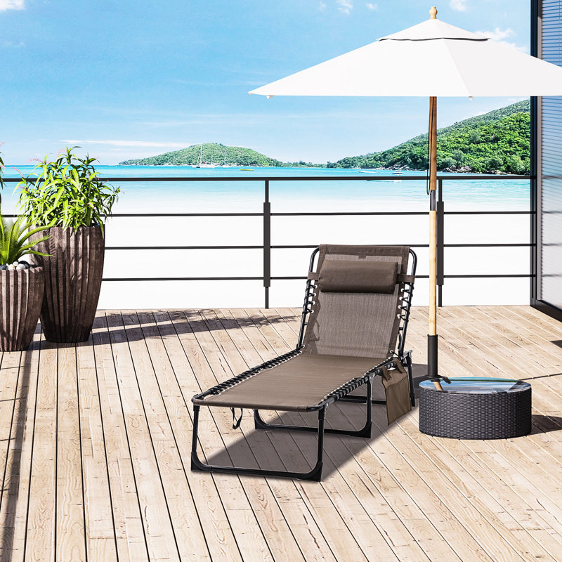 Beach Reclining Lounge Chair, Portable Folding Camping Cot. Adjustable , Removable Pillow, Brown For Patio, Garden Sun Lounger Chair With And Side Pocket Garden, - Chaise Lounge,
