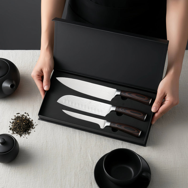 Ensemble de 3 couteaux de cuisine en acier inoxydable avec motif damas et poignées ergonomiques en bois Professional