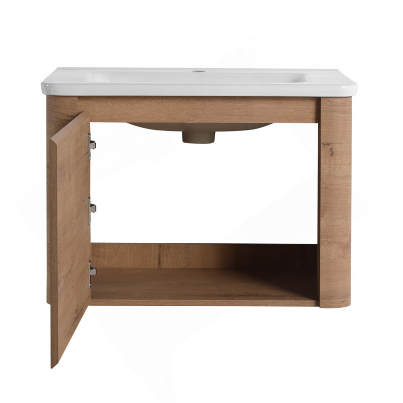 Meuble-lavabo mural 28 po avec lavabo en céramique blanche et porte à fermeture en douceur, Imitation chêne, 28"