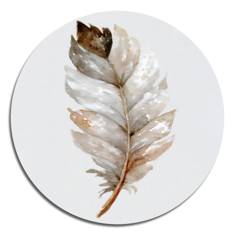 Plume brune à l'aquarelle brune - art mural floral rond en métal, L 36 po x H 36 po