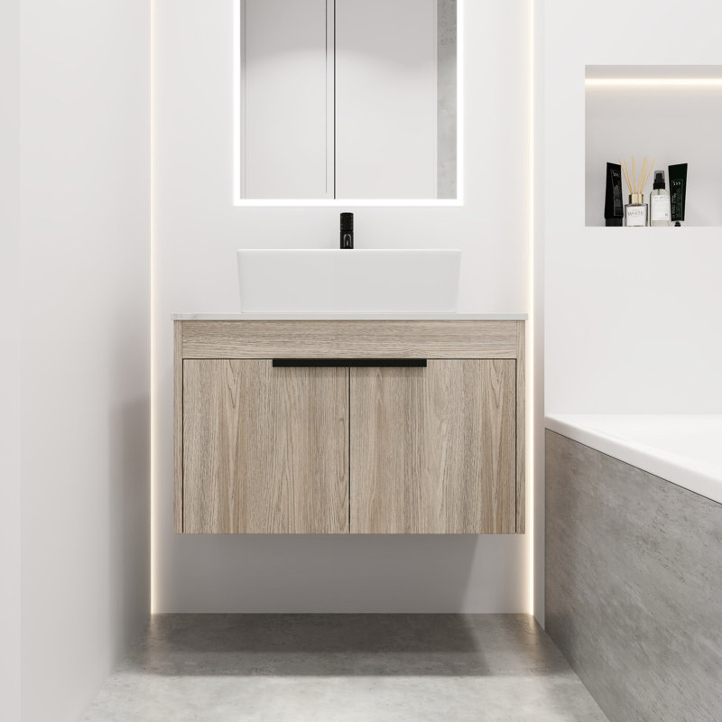 Meuble-lavabo mural de 30 po en chêne blanc avec lavabo en céramique, porte à fermeture en douceur, finition de rangement abondante à fermeture douce