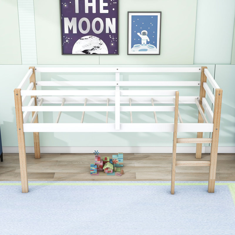 Twin Low Loft Bed With Ladder, Guardrails And Slats