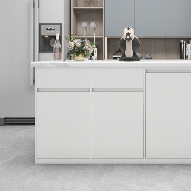 Îlot de cuisine moderne à plateau en marbre avec armoires de rangement et tiroirs, Blanc